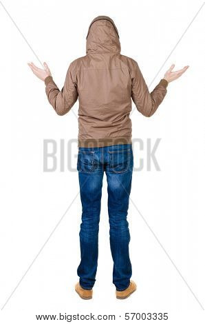Back view of shocked man in  windcheater. upset young guy in jeans and  jacket. Rear view people collection.  backside view of person.  Isolated over white background.