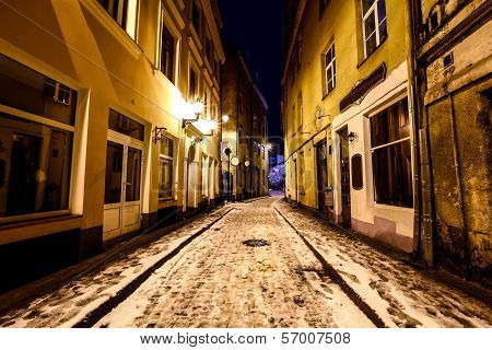 Christmas Night In Old Riga In Latvia