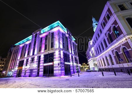 Night View At City Hall In Old Riga, Latvia