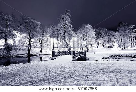 Central Park In Riga, Latvia At Winter Night