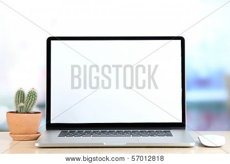 Laptop and cactus in flowerpot on wooden table