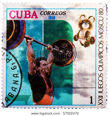 Stamp Printed In Cuba, Devoted To Olympic Games In Moscow (1980), Weightlifting; Man Raises Bar