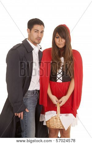 Man And Red Riding Hood With Basket Looking