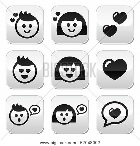 Man and woman in love, Valentine's buttons set