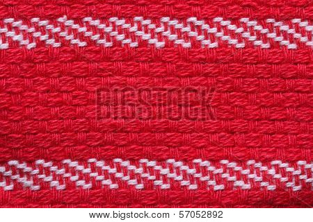 Texture Of Red Cotton Kitchen Towel With White Stripes. Macro.