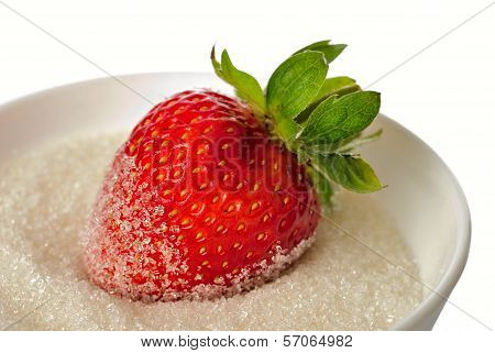 Strawberry In Bowl With Sugar Isolated