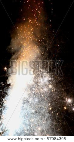 Explosion With Fire In The Night With Smoke, Sparks, Light, Fire,
