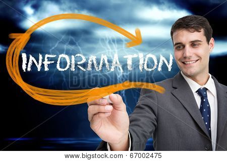 Businessman writing the word information against stormy dark sky with lightning bolts