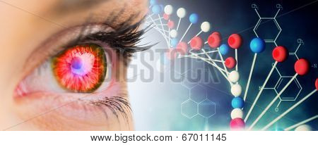 Red glowing eye looking ahead against blue dna strand with chemical structures