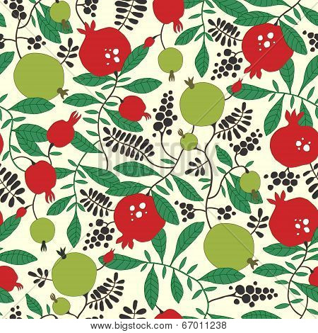 Seamless pattern of pomegranate and apple tree
