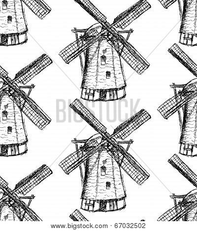 Sketch Holand Windmill, Vector Seamless Pattern