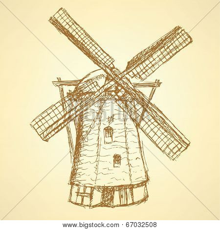 Sketch Holand Windmill, Vector Vintage Background