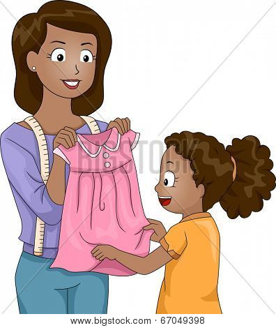 Illustration of a Mother Presenting a Dress She Has Sewn Herself to Her Daughter