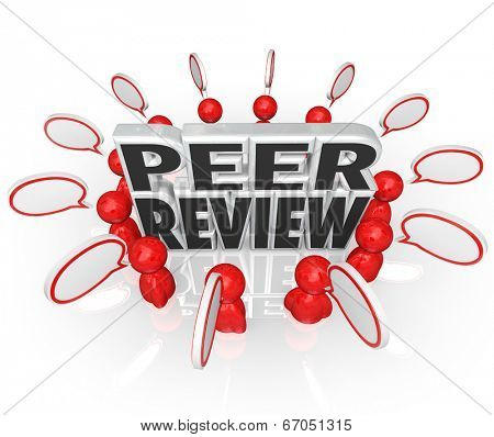 Peer Review words surrounded by people and speech bubbles evaluation or assessment