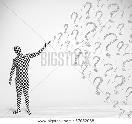 3d human character is body suit morphsuit looking at hand drawn question marks