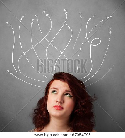Pretty young woman thinking with arrows in different directions above her head