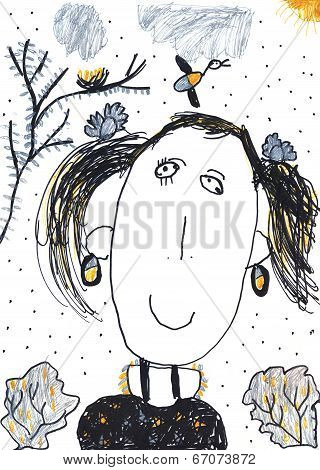Child's Crayon Drawing Of A Girl