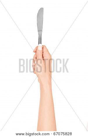 Hand Holding A Knife On An Isolated White Background