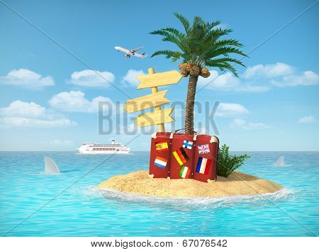 Desert Tropical Island With Palm Tree, Chaise Lounge, Suitcase And Three Empty Wooden Signpost. Conc
