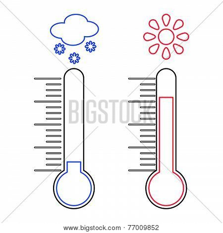 Line design of Thermometer measuring heat and cold, with sun and snowflake icons, vector illustratio