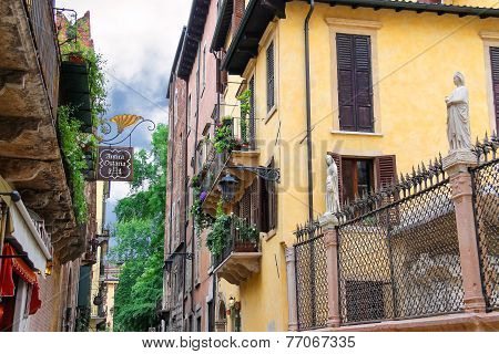 Houses On The Street Via Arche Scaligere In Verona, Italy