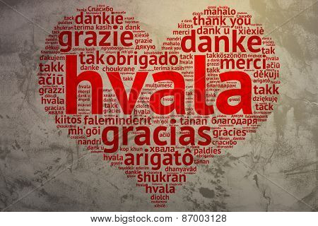 Serbian, Croatian Hvala - Heart Shaped Word Cloud Thanks, Grunge Background