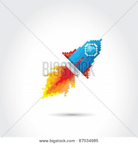 vector flat pixel rocket on white background.