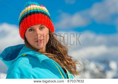Girl Skier Resting In The Snow, Look Beautiful