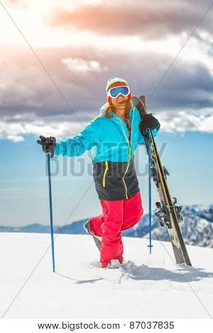 Girl Freeride Skier, Cheerful Smiling Before The Descent From The Mountain