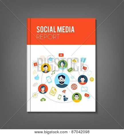 Brochure or flyer template with social media topics. Illustrates connection between people, communication or work organization.