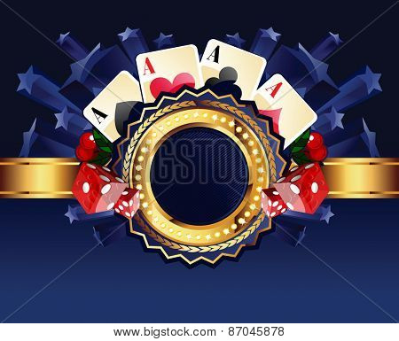 Casino gold-framed composition with cards, dice and cherries on blue star background