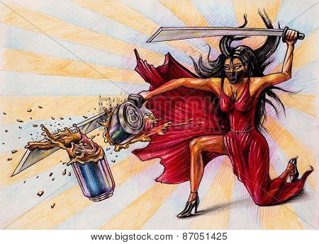 Lady Destroys The Jar By Sword - Illustration On Paper - Comics Style