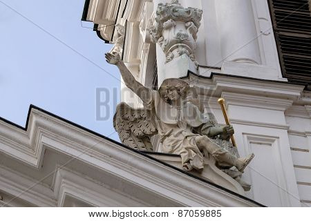 GRAZ, AUSTRIA - JANUARY 10, 2015: Angel on the portal of Mariahilf church in Graz, Styria, Austria on January 10, 2015.