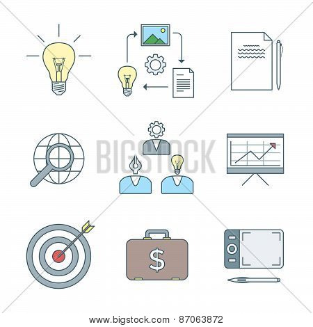 Colored Outline Creative Business Process Icons Set.