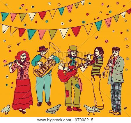 Music festival flags group musicians color