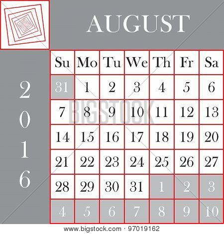 Square Format 2016 Calendar August