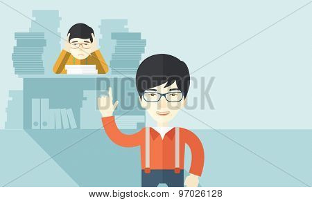 An asian office clerk has a lot of works to do with those papers infront of him, problem on how to meet the deadline of his report. Disappointment concept. A Contemporary style with pastel palette