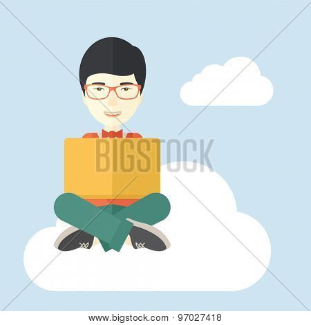 A chinese guy sitting on a cloud having a great idea while reading a book. Business concept. A Contemporary style with pastel palette, soft blue tinted background with desaturated cloud. Vector flat