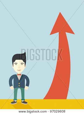 An asian businessman standing beside the red arrow pointing up. Successful business concept. A Contemporary style with pastel palette, soft blue tinted background. Vector flat design illustration