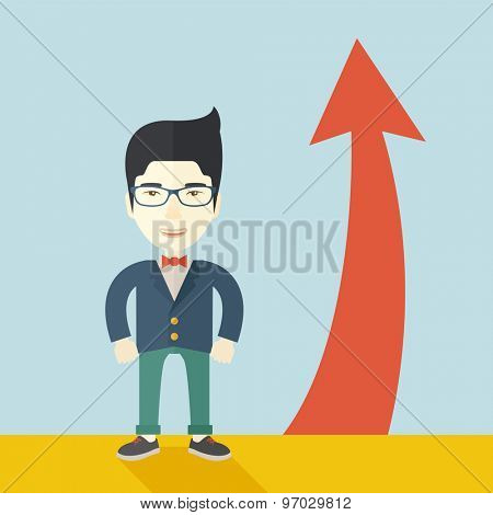 An asian businessman standing beside the red arrow pointing up. Successful business concept. A Contemporary style with pastel palette, soft blue tinted background. Vector flat design illustration