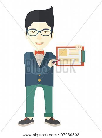 A handsome hipster Caucasian man wearing blue jacket holding his clipboard with paper where he wrote his report happily presenting his marketing plan. Marketing strategy concept. A Contemporary style