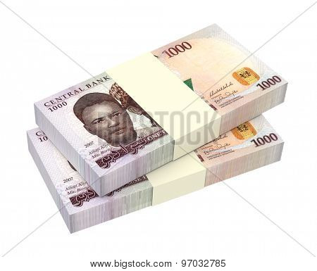 Nigerian nairas isolated on white background. Computer generated 3D photo rendering.