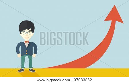 An asian businessman standing beside the red arrow pointing up. Successful business concept. A Contemporary style with pastel palette, soft blue tinted background. Vector flat design illustration