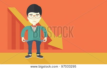 A chinese young man standing and feels bad because of his failure in his business career. Failed, bankrupt concept. A contemporary style with pastel palette soft orange tinted background. Vector flat