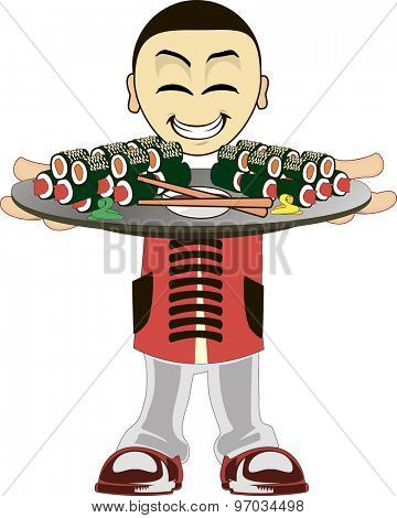 Illustration of a Asian waiter on a white background