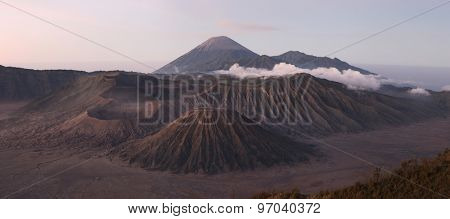 Sunrise over Mount Bromo (2,329 m) and the Tengger Caldera in East Java, Indonesia. Panorama from Mount Penanjakan (2,770 m).