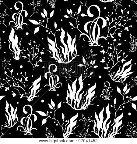 Vector Black White Seaweed Silhouettes Seamless Pattern