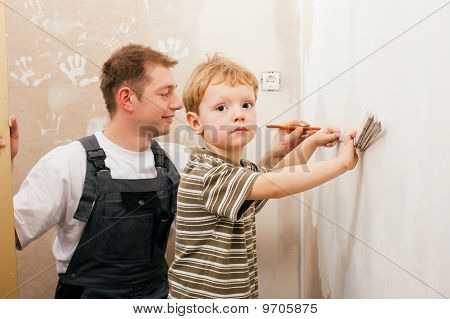 Padre e hijo medición drywall