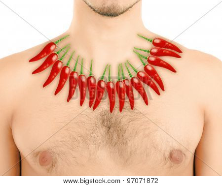 Red hot peppers on man's body, Heartburn concept