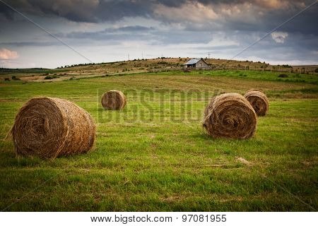 hay bales on meadow and small farm against sunset background